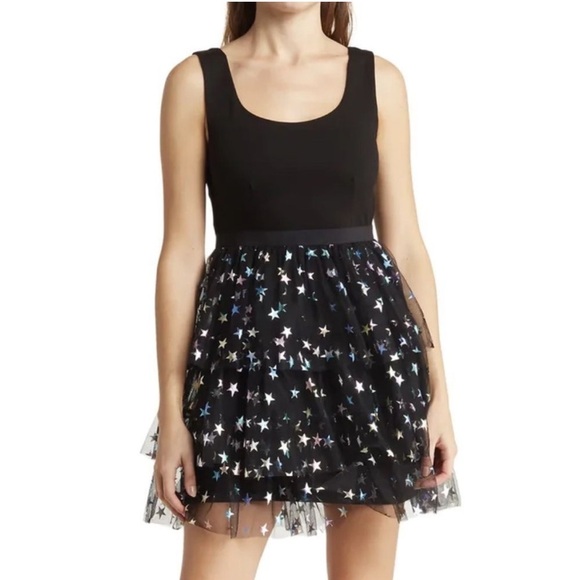 NWT Betsey Johnson Rainbow Star Metallic Tiered Tulle Mini Dress Whimsical Sz S - Picture 1 of 14